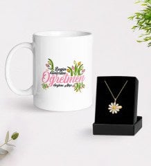 Kişiye Özel Bugün Günlerden Öğretmen Beyaz Kupa ve Papatya Kolye Hediye Seti-1
