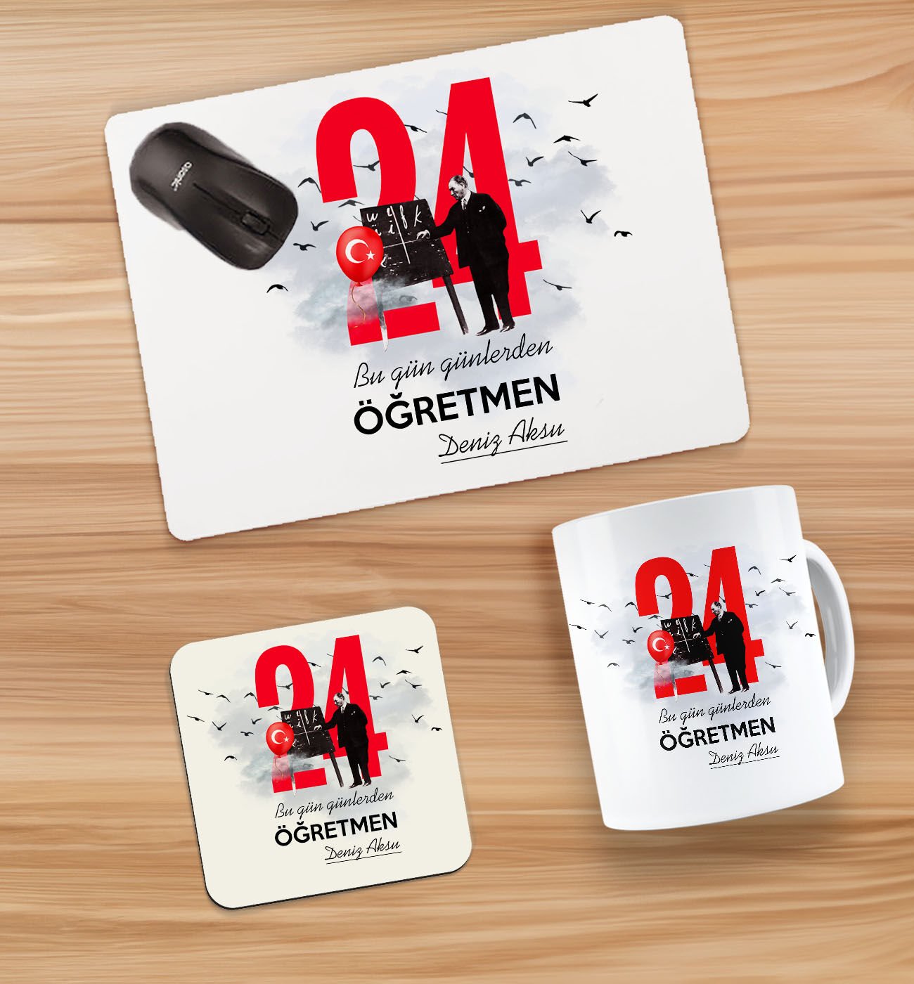 BK Gift Kişiye Özel İsimli Öğretmenler Günü Tasarımlı Kupa, Bardak Altlığı ve Mousepad Hediye Seti - 4, Öğretmene Hediye, Öğretmenler Günü