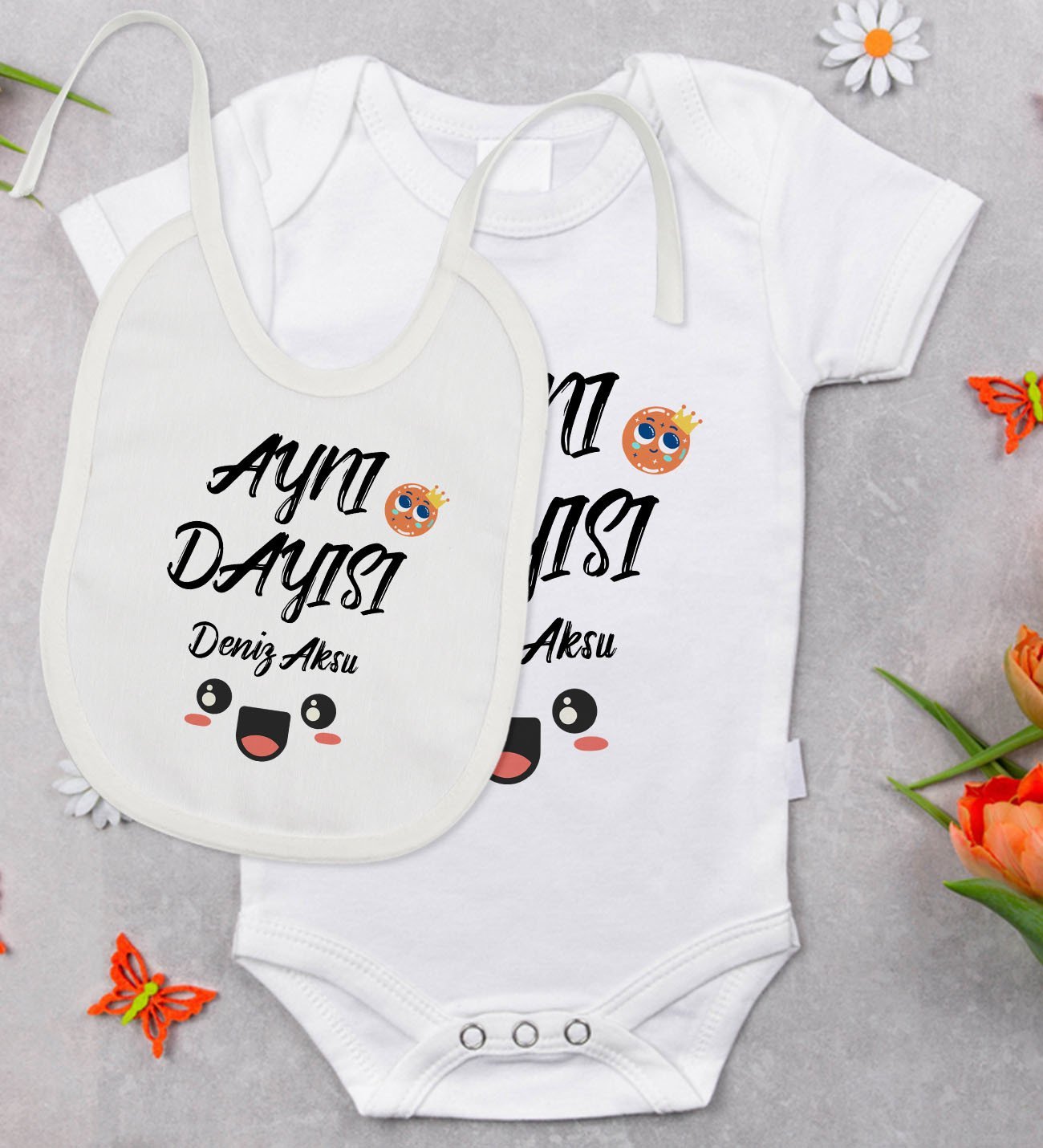 BK Kids Kişiye Özel Aynı Dayısı Tasarımlı Bebek Body Zıbın ve Mama Önlüğü Hediye Seti - Model 1