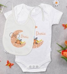 BK Kids Kişiye Özel İsimli Bebek Body Zıbın ve Mama Önlüğü Hediye Seti - Model 8