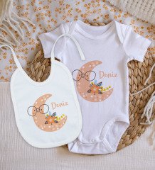 BK Kids Kişiye Özel İsimli Bebek Body Zıbın ve Mama Önlüğü Hediye Seti - Model 8