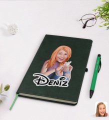 Kişiye Özel Kadın Karikatürlü Yeşil Termo Deri Defter Kalem Seti Model 103