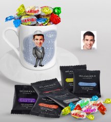 Kişiye Özel Bay Mühendis Karikatürlü Türk Kahvesi Fincanı Selamlique Karışık Türk Kahvesi ve Haribo Şeker Hediye Seti