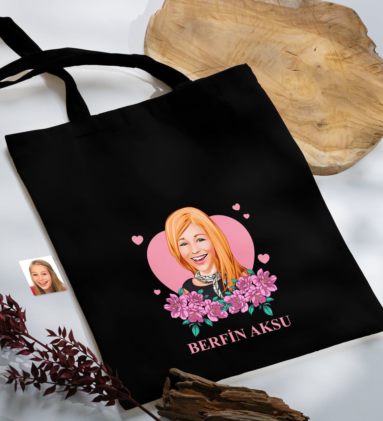 BK Gift Kişiye Özel Anneler Günü Karikatürlü Siyah Kumaş Bez Çanta, Baskılı Omuz Çantası, Alışveriş Çantası, Anneye Hediye-2