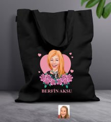 BK Gift Kişiye Özel Anneler Günü Karikatürlü Siyah Kumaş Bez Çanta, Baskılı Omuz Çantası, Alışveriş Çantası, Anneye Hediye-2