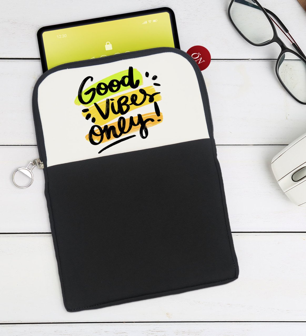 BK Gift Good Vibes Only Tasarımlı Taşınabilir Koruyucu Tablet Kılıfı & Organizer Çanta - Siyah-1