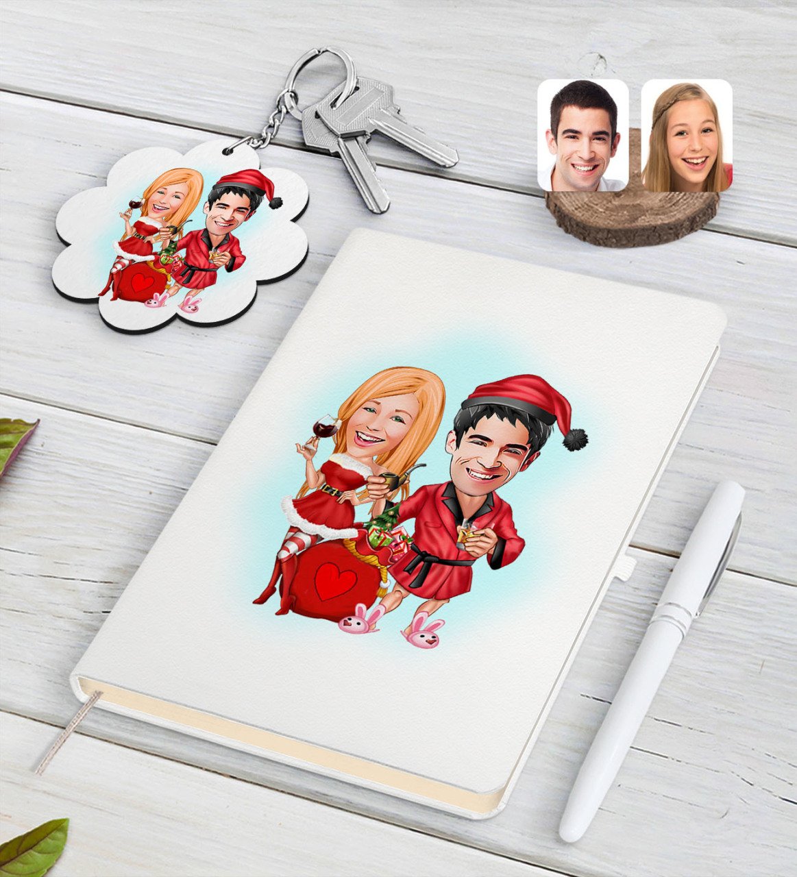 Kişiye Özel Yeni Yıl Sevgililer Karikatürlü Beyaz Defter Kalem ve Anahtarlık Hediye Seti-5