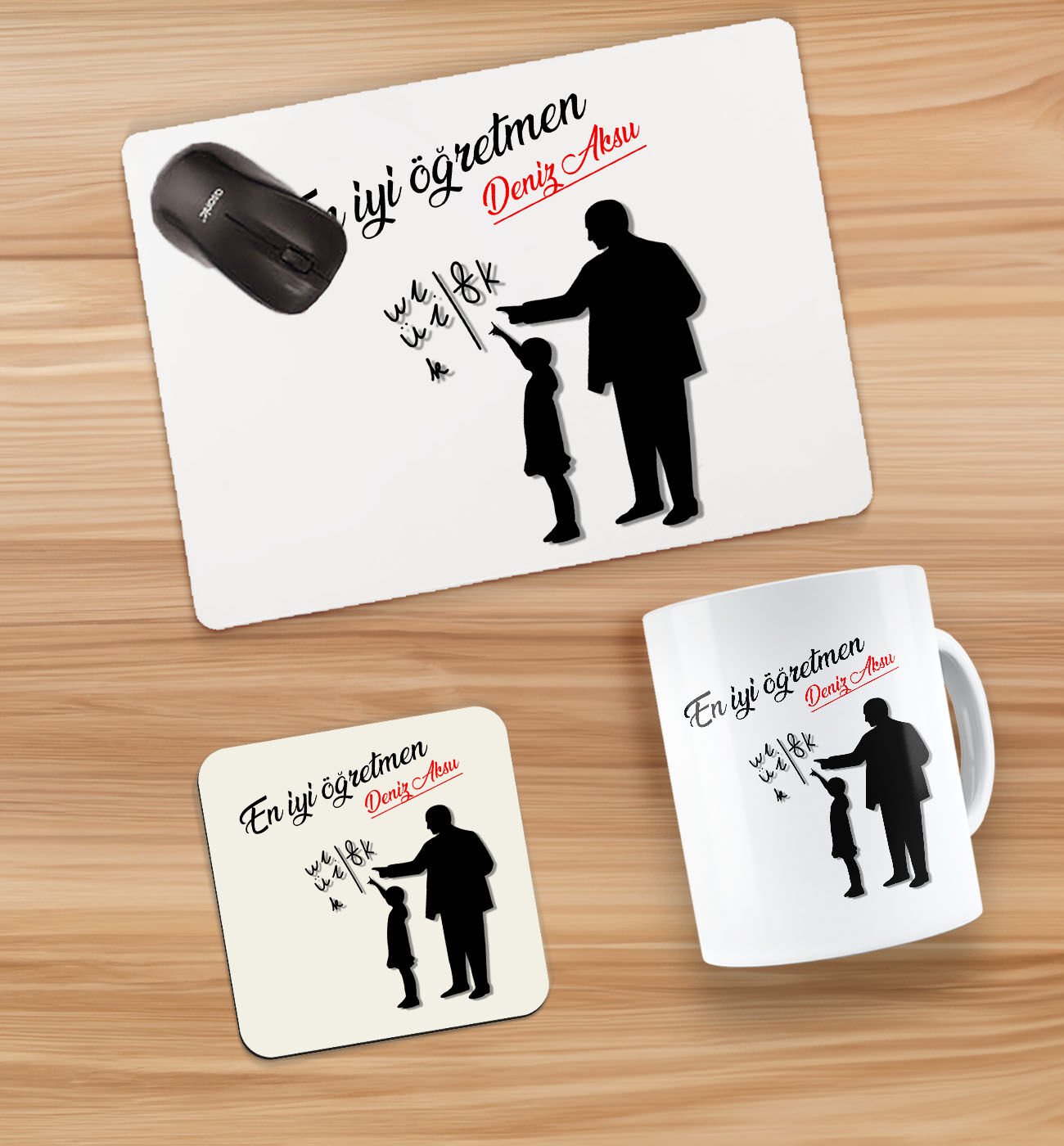 BK Gift Kişiye Özel İsimli Öğretmenler Günü Tasarımlı Kupa, Bardak Altlığı ve Mousepad Hediye Seti - 6, Öğretmene Hediye, Öğretmenler Günü