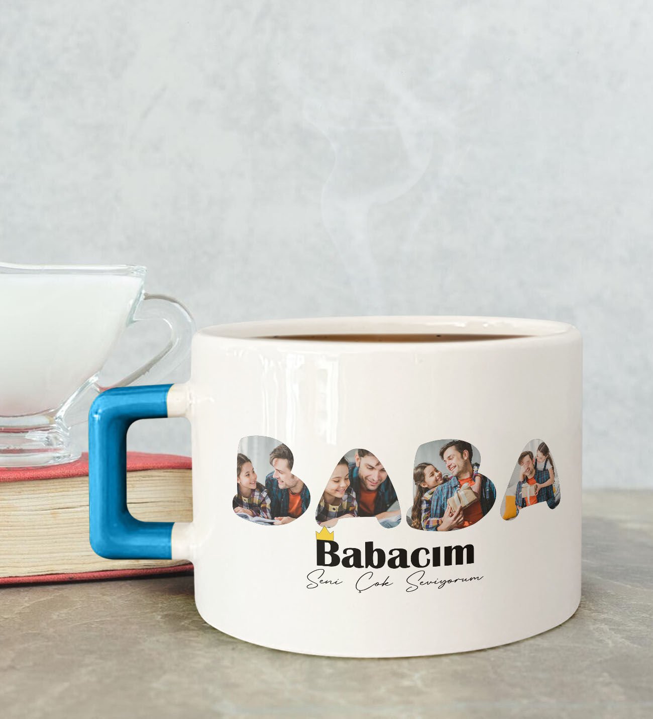 BK Gift Kişiye Özel Fotoğraflı Babalar Günü Tasarımlı Mavi Kulplu Çay & Kahve Fincanı-1, Babaya Hediye, Babalar Günü Hediyesi