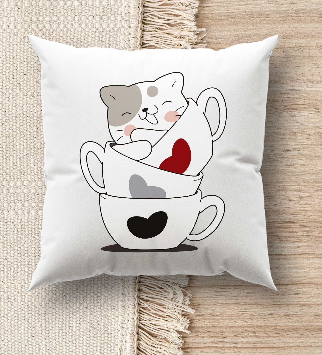 BK Gift Kedi Tasarımlı Beyaz Kırlent Yastık, Ev Hediyesi, Ev Dekorasyonu, Dekoratif Hediye-10