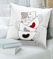 BK Gift Kedi Tasarımlı Beyaz Kırlent Yastık, Ev Hediyesi, Ev Dekorasyonu, Dekoratif Hediye-10
