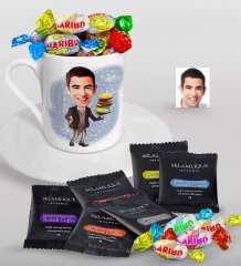Kişiye Özel Bay Öğretmen Karikatürlü Türk Kahvesi Fincanı Selamlique Karışık Türk Kahvesi ve Haribo Şeker Hediye Seti-8