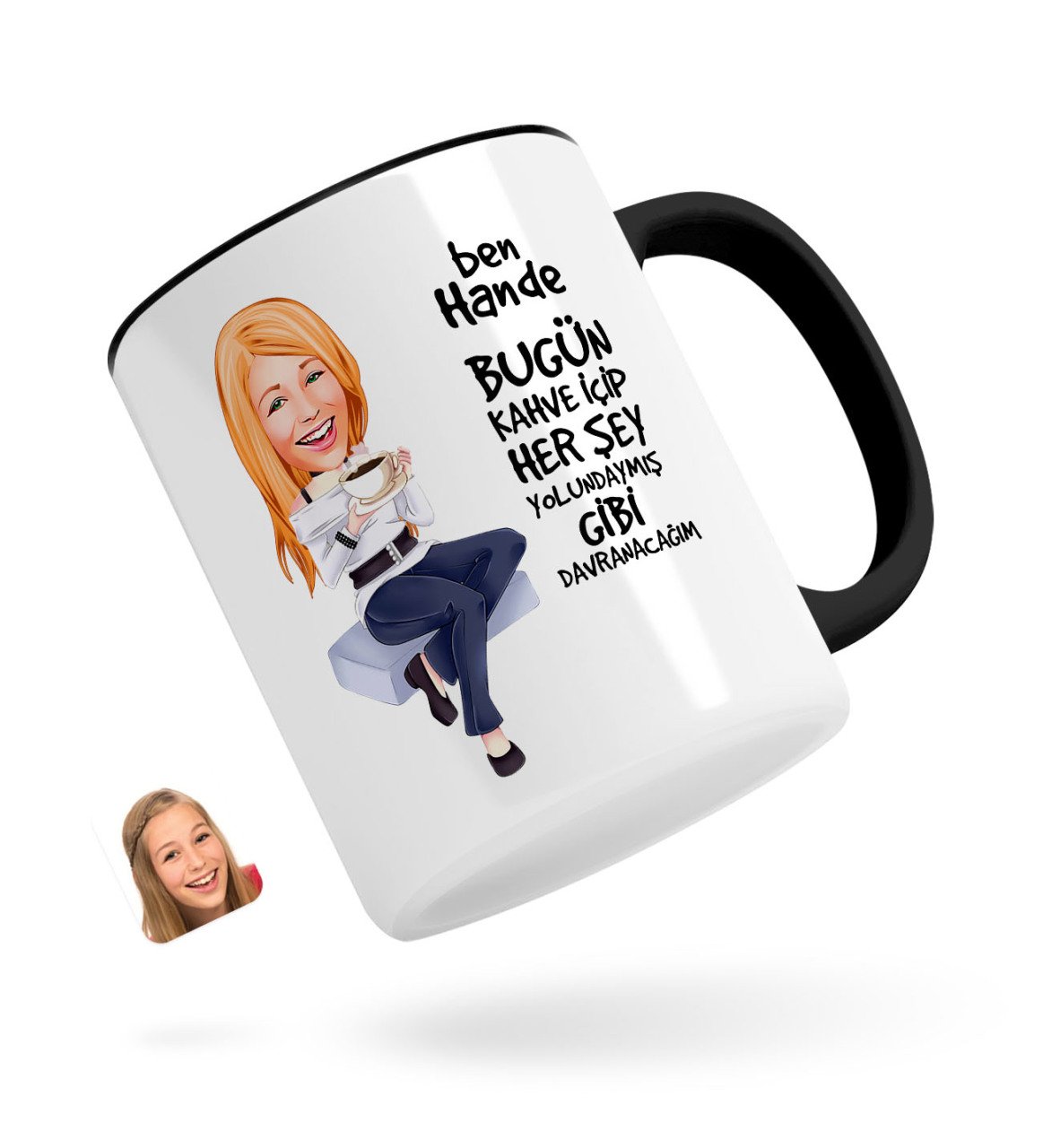 Kişiye Özel Kadın Her Şey Yolundaymış Gibi Karikatürlü Siyah Kupa Bardak-2
