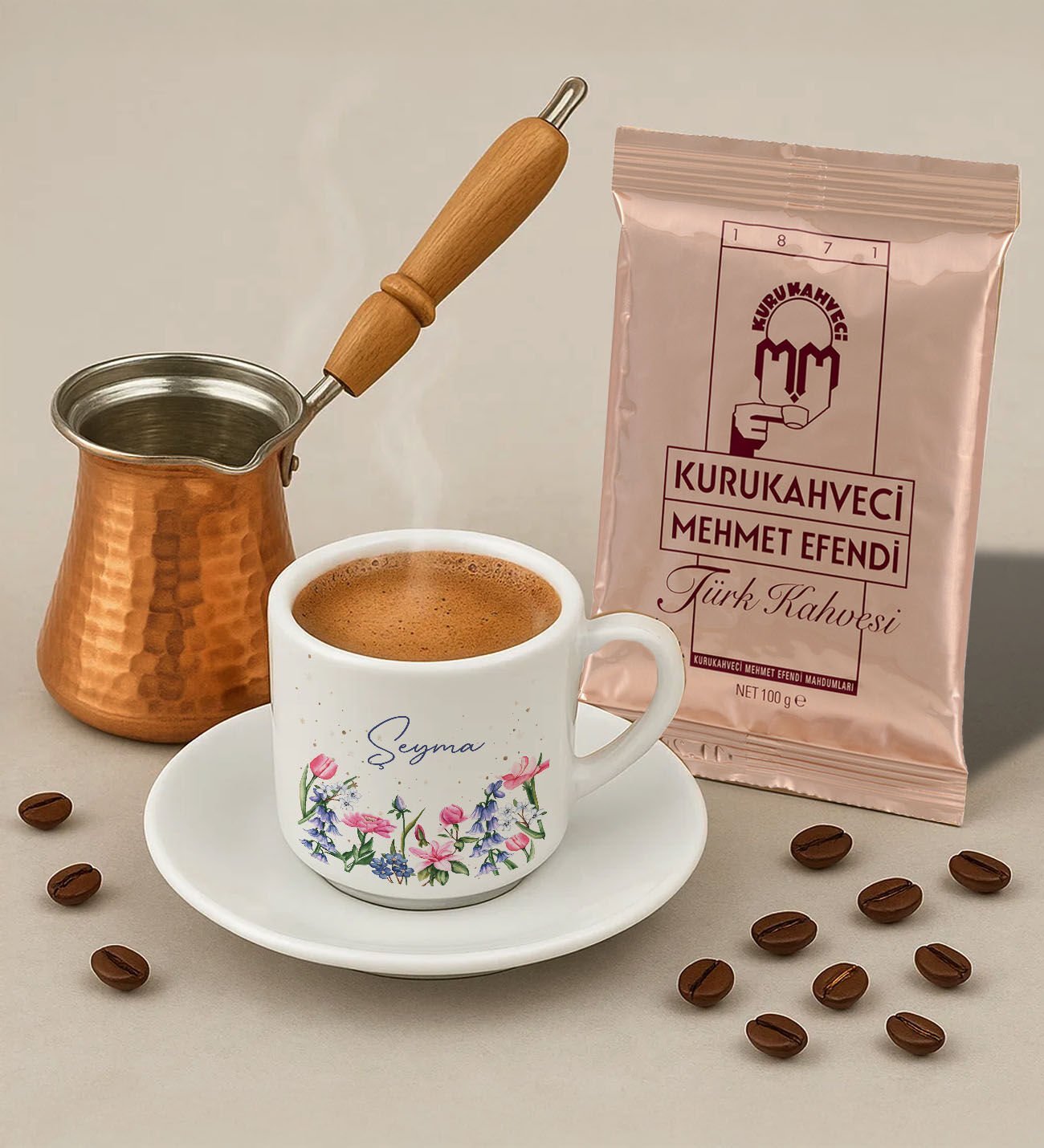 BK Gift Kişiye Özel İsimli Çiçek Tasarımlı Türk Kahvesi Fincanı & Bakır Cezve & Türk Kahvesi Seti-2 Arkadaş Hediye, Sevgiliye Hediye