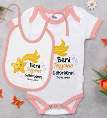 BK Kids Kişiye Özel Beni Teyzeme Götürün Tasarımlı Pembe Bebek Body Zıbın ve Mama Önlüğü Hediye Seti