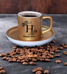 BK Gift Kişiye Özel Baş Harfli İsimli Mat Altın Yaldız Renk Türk Kahvesi Fincanı-1 Renkli Türk Kahvesi Fincanı