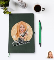 Kişiye Özel Kadın Kuaför Karikatürlü Yeşil Termo Deri Defter Kalem Seti Model 2