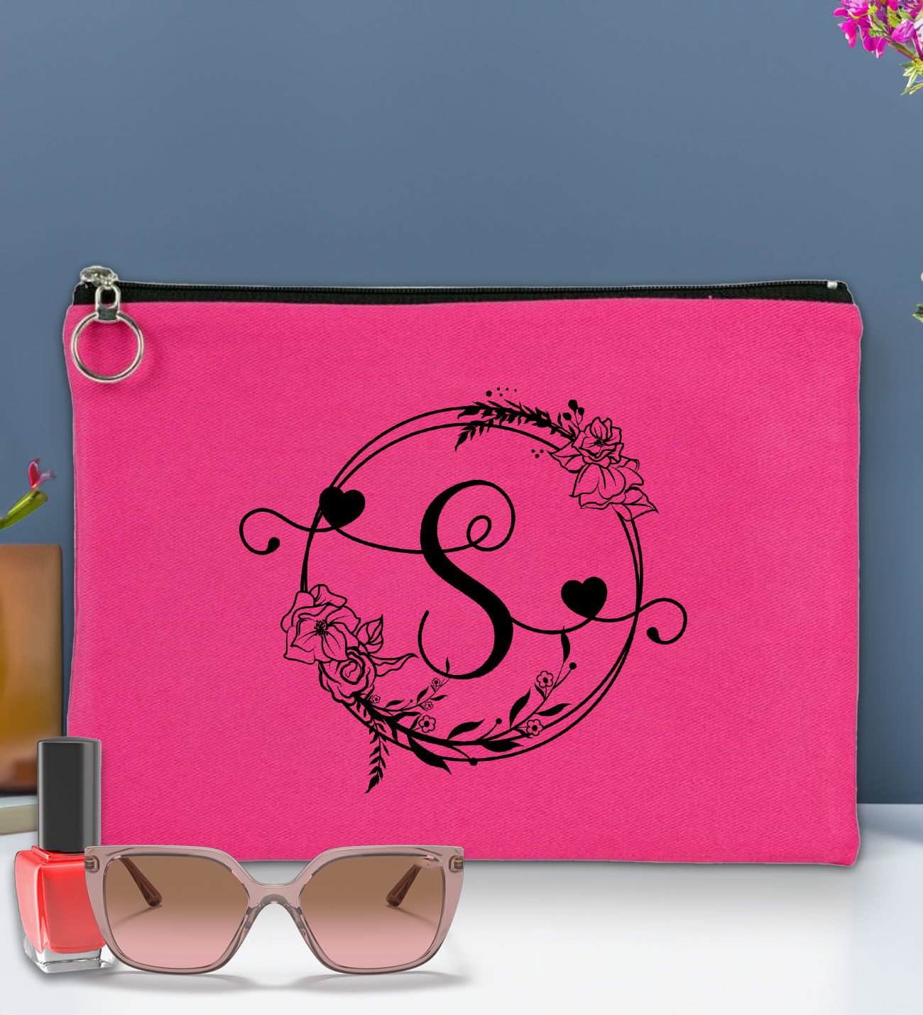BK Gİft Kişiye Özel Harfli Astarlı Fuşya Portföy Çanta 30x21cm, Baskılı El Çantası, Organizer Çanta