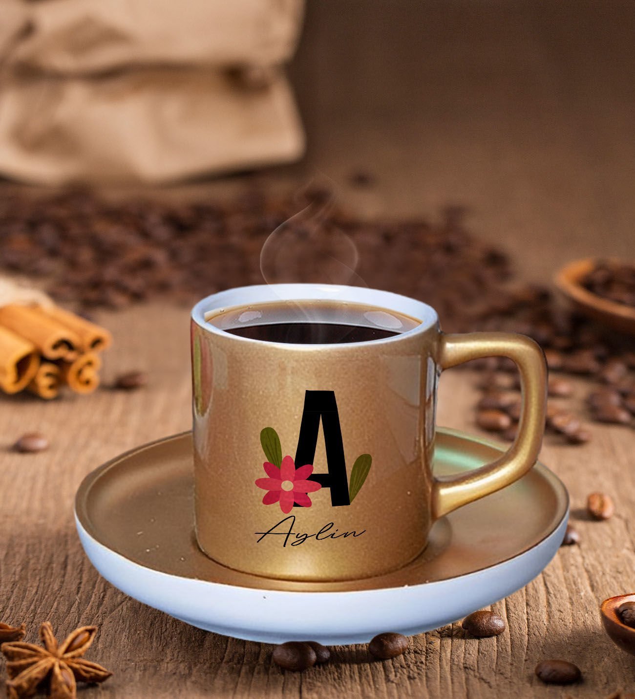 BK Gift Kişiye Özel Baş Harfli İsimli Mat Altın Yaldız Renk Türk Kahvesi Fincanı-4 Renkli Türk Kahvesi Fincanı