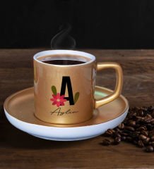 BK Gift Kişiye Özel Baş Harfli İsimli Mat Altın Yaldız Renk Türk Kahvesi Fincanı-4 Renkli Türk Kahvesi Fincanı