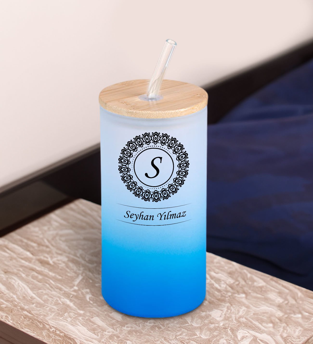 BK Gift İsimli Mavi Renk Pipetli Buzlu Cam Bardak 600ml - 2, Arkadaşa Hediye, Doğum Günü Hediyesi