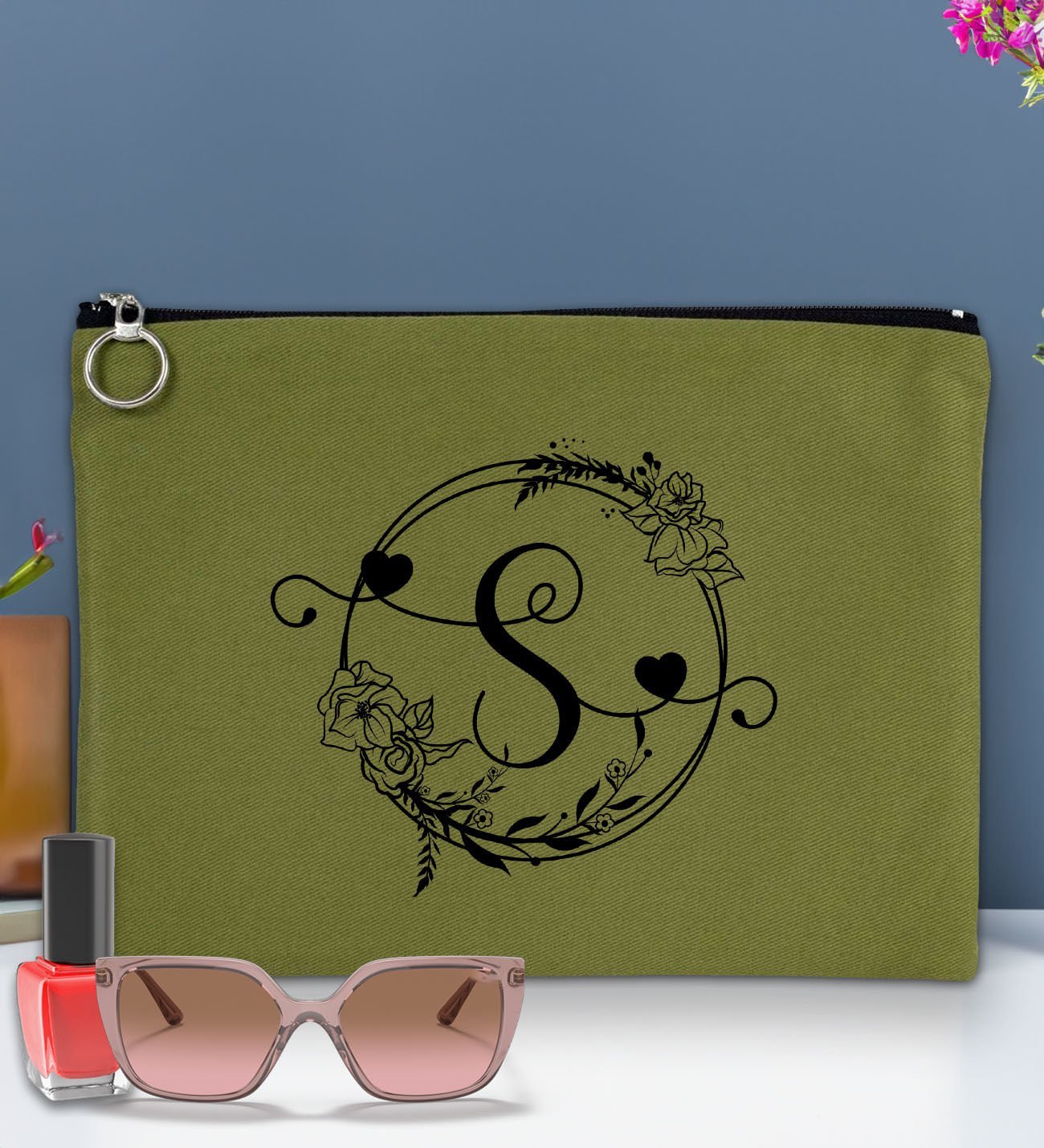 BK Gİft Kişiye Özel Harfli Astarlı Yeşil Portföy Çanta 30x21cm, Baskılı El Çantası, Organizer Çanta