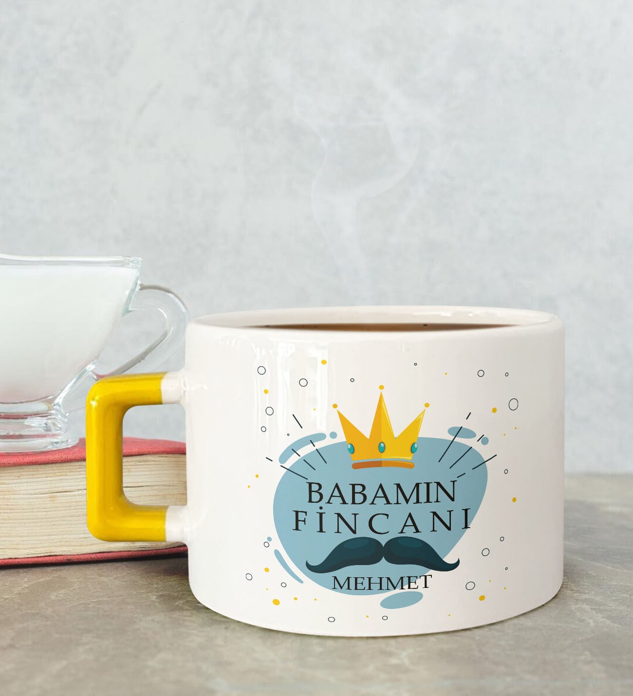 BK Gift Kişiye Özel Babalar Günü Tasarımlı Sarı Kulplu Çay & Kahve Fincanı-2, Babaya Hediye, Babalar Günü Hediyesi