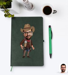 Kişiye Özel Kovboy Karikatürlü Yeşil Termo Deri Defter Kalem Seti Model 1