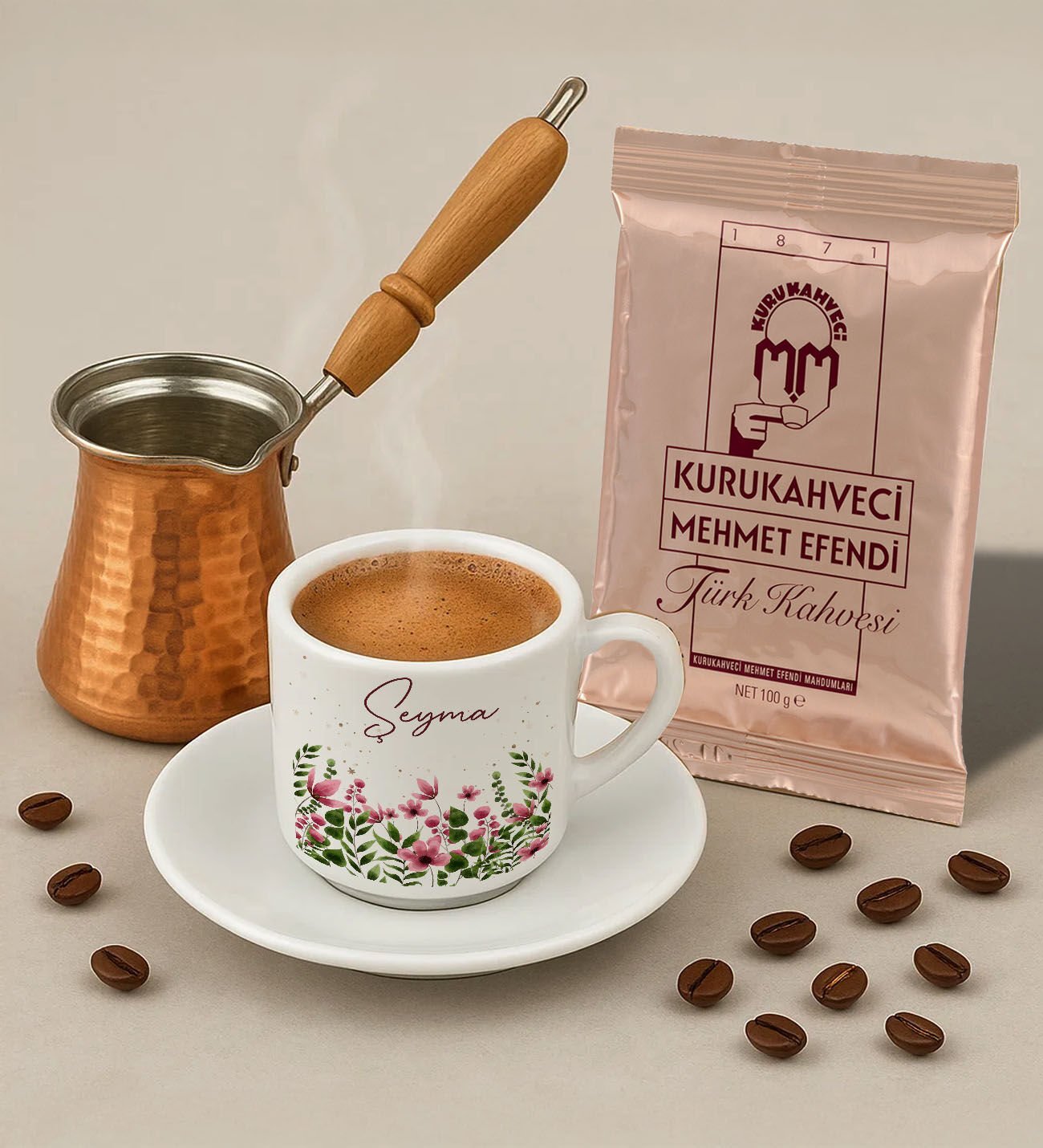 BK Gift Kişiye Özel İsimli Çiçek Tasarımlı Türk Kahvesi Fincanı & Bakır Cezve & Türk Kahvesi Seti-5, Arkadaş Hediye, Sevgiliye Hediye