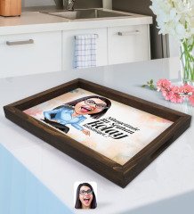 Kişiye Özel Kadın Nihayetinde Karikatürlü Doğal Ahşap Tepsi-2