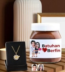 BK Gift Sevgiliye Özel İsimli Papatya Kolye ve Karikatürlü Nutella 400gr. Hediye Seti, Sevgililer Günü Hediye, Doğum Günü Hediyesi, Sevgiliye Hediye-6
