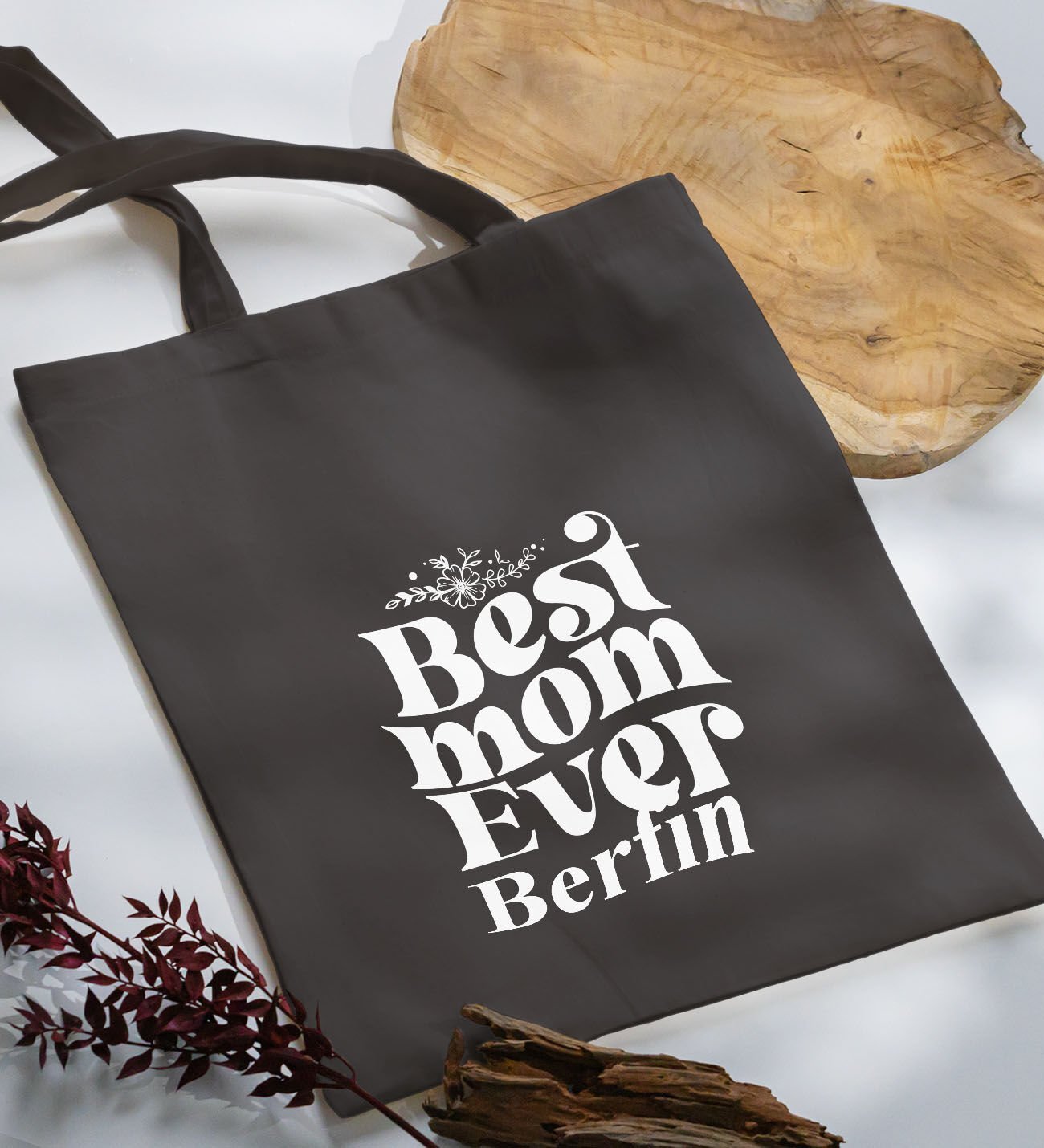 BK Gift Kişiye Özel İsimli Anneler Günü Tasarımlı Antrasit Kumaş Bez Çanta, Baskılı Omuz Çantası, Alışveriş Çantası, Anneler Günü Hediyesi, Anneye Hediye-1