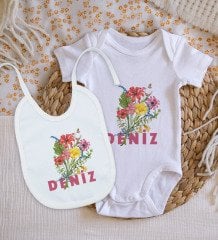 BK Kids Kişiye Özel İsimli Bebek Body Zıbın ve Mama Önlüğü Hediye Seti - Model 9