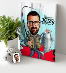 Kişiye Özel Bay Balıkçı Karikatür Kanvas Tablo (30 x 50 cm.) 1