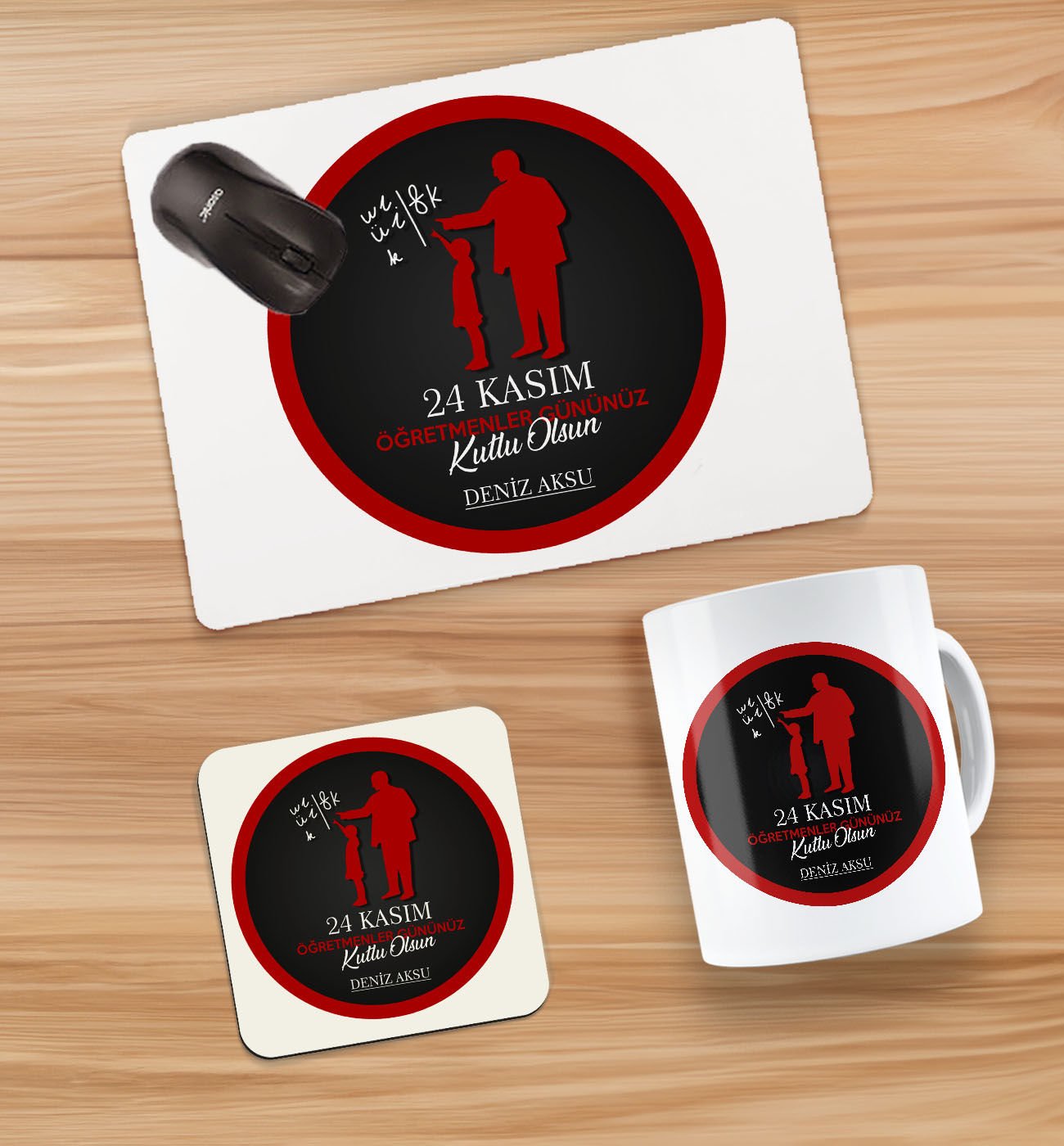 BK Gift Kişiye Özel İsimli Öğretmenler Günü Tasarımlı Kupa, Bardak Altlığı ve Mousepad Hediye Seti - 11, Öğretmene Hediye, Öğretmenler Günü