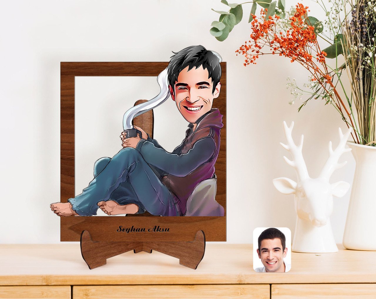 Kişiye Özel Erkek Karikatürlü Ahşap Standlı 3D Biblo-61
