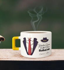 BK Gift Kişiye Özel Babalar Günü Tasarımlı Sarı Kulplu Çay & Kahve Fincanı-4, Babaya Hediye, Babalar Günü Hediyesi
