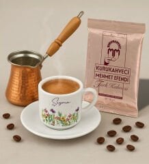 BK Gift Kişiye Özel İsimli Çiçek Tasarımlı Türk Kahvesi Fincanı & Bakır Cezve & Türk Kahvesi Seti-7, Arkadaş Hediye, Sevgiliye Hediye
