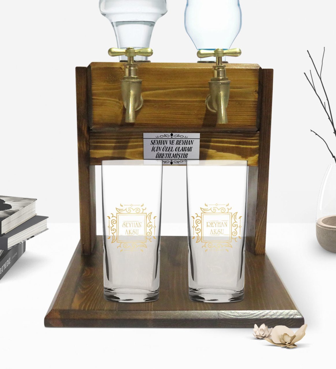 Kişiye Özel Renkli Baskılı İsimli İkili Rakı Bardağı ve Çift Musluklu Doğal Ahşap Rakı Standı-18