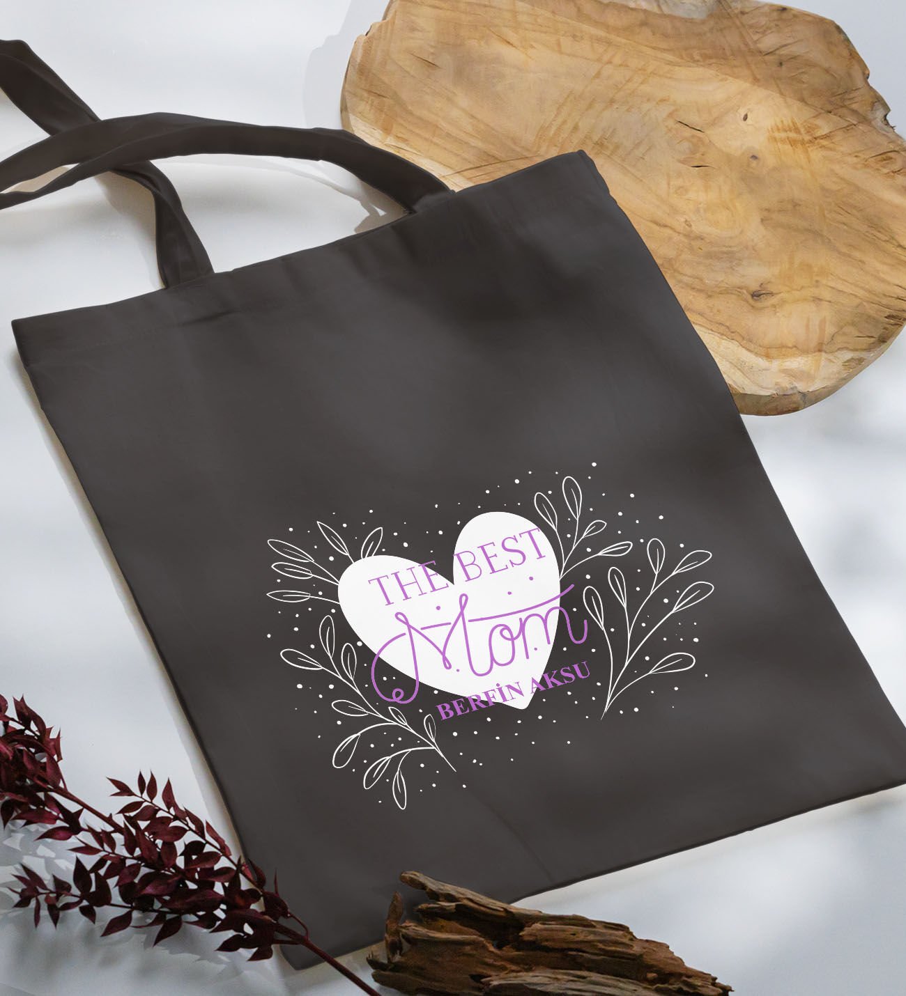 BK Gift Kişiye Özel İsimli Anneler Günü Tasarımlı Antrasit Kumaş Bez Çanta, Baskılı Omuz Çantası, Alışveriş Çantası, Anneler Günü Hediyesi, Anneye Hediye-3