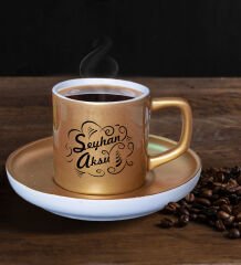 BK Gift Kişiye Özel İsimli Mat Altın Yaldız Renk Türk Kahvesi Fincanı-6 Renkli Türk Kahvesi Fincanı