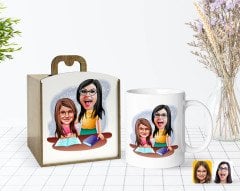 Kişiye Özel Ahşap Kutuda Anneler Günü Temalı Anne Kız Karikatürlü Beyaz Kupa Bardak-1