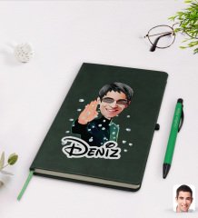 Kişiye Özel Matrix Neo Karikatürlü Yeşil Termo Deri Defter Kalem Seti Model 1