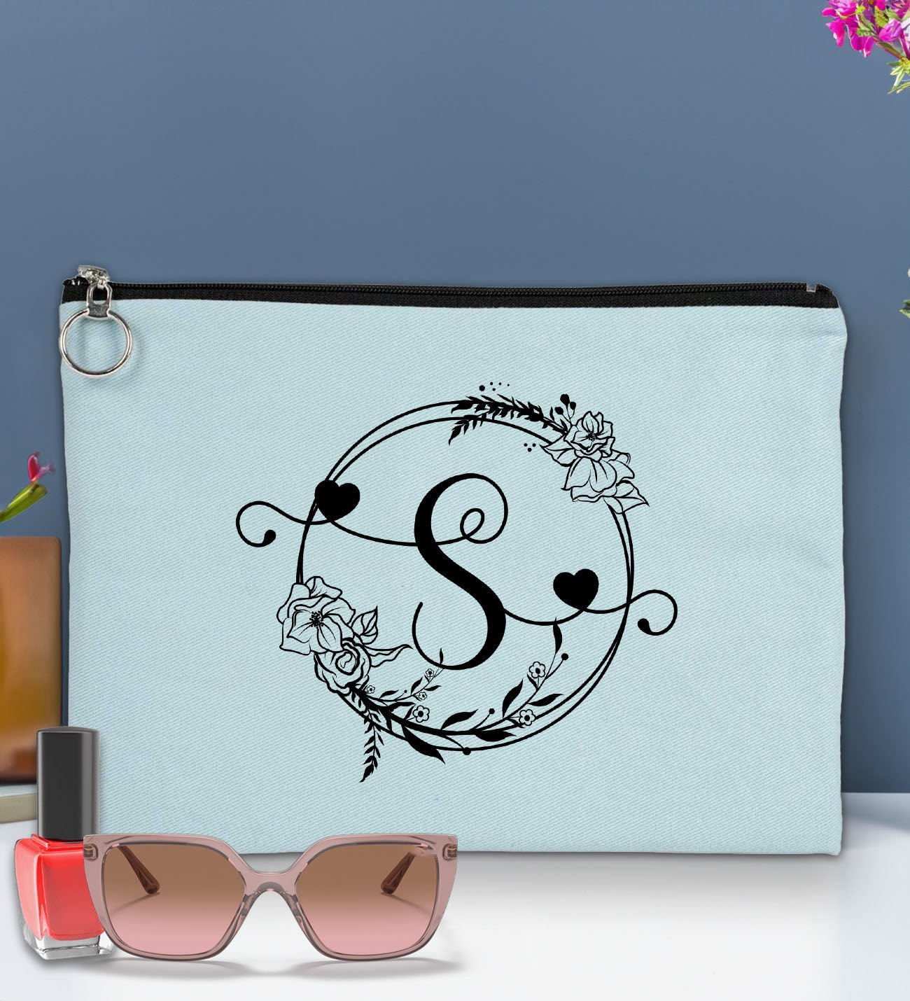 BK Gİft Kişiye Özel Harfli Astarlı Açık Mavi Portföy Çanta 30x21cm, Baskılı El Çantası, Organizer Çanta