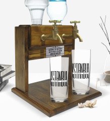 Kişiye Özel Renkli Baskılı İstanbul Tasarımlı İkili Rakı Bardağı ve Çift Musluklu Doğal Ahşap Rakı Standı-1
