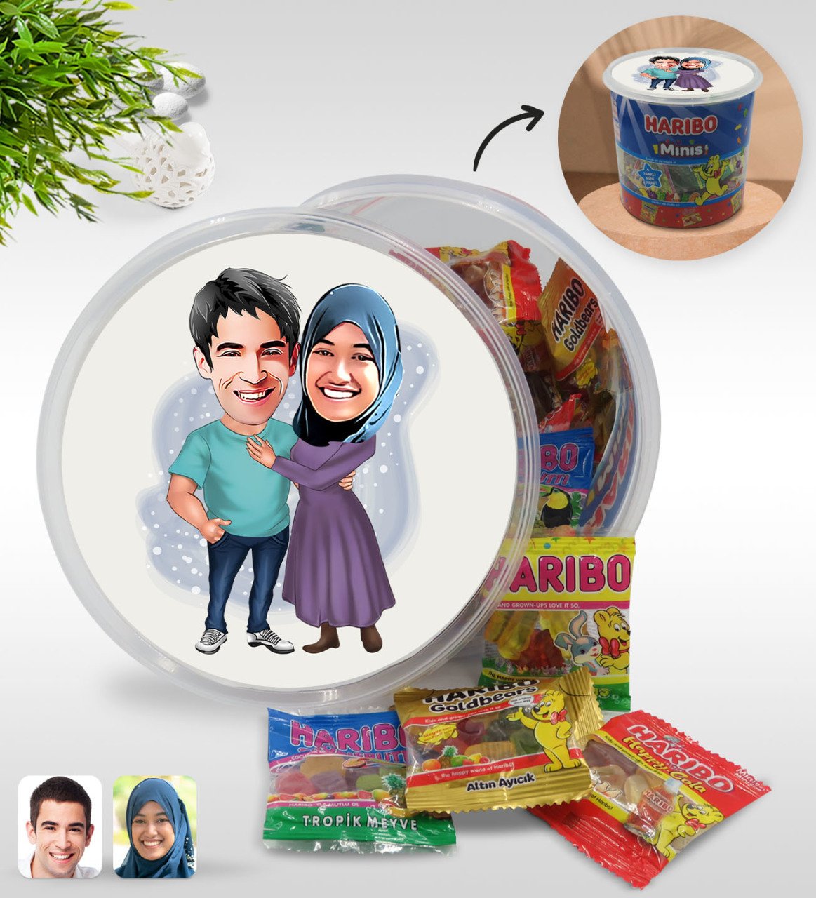 Kişiye Özel Sevgililer Karikatürlü Dev Boy Haribo Minis Kovası (10gx100adet) Model 61