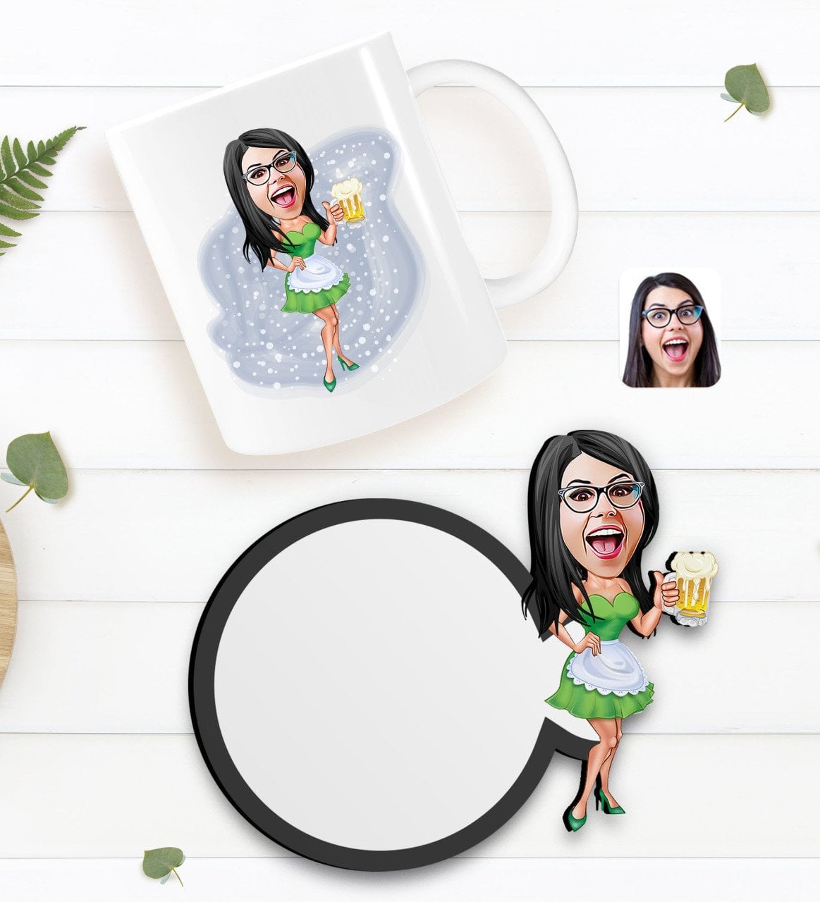 Kişiye Özel Kadın Karikatürlü Beyaz Kupa ve Ahşap Bardak Altlığı Hediye Seti-30