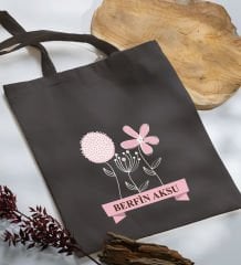 BK Gift Kişiye Özel İsimli Anneler Günü Tasarımlı Antrasit Kumaş Bez Çanta, Baskılı Omuz Çantası, Alışveriş Çantası, Anneler Günü Hediyesi, Anneye Hediye-4