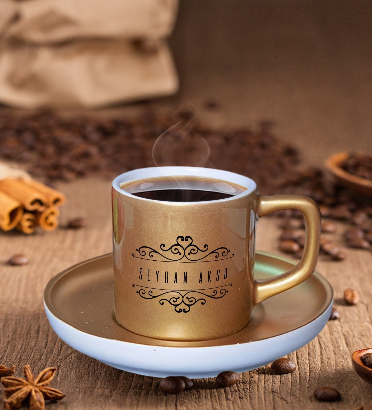 BK Gift Kişiye Özel İsimli Mat Altın Yaldız Renk Türk Kahvesi Fincanı-9 Renkli Türk Kahvesi Fincanı