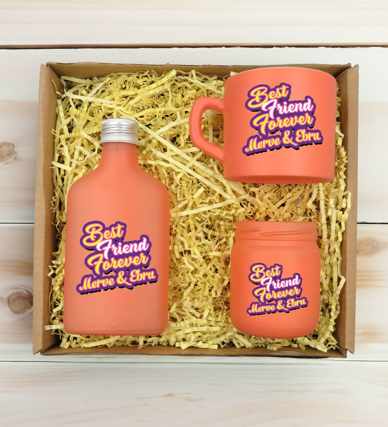 BK Gift Kişiye Özel İsimli DTF Best Friend Temalı Somon Kahve Fincanı & Kolonya & Mum Hediye Seti-3, Arkadaşa Hediye, Doğum Günü Hediyesi